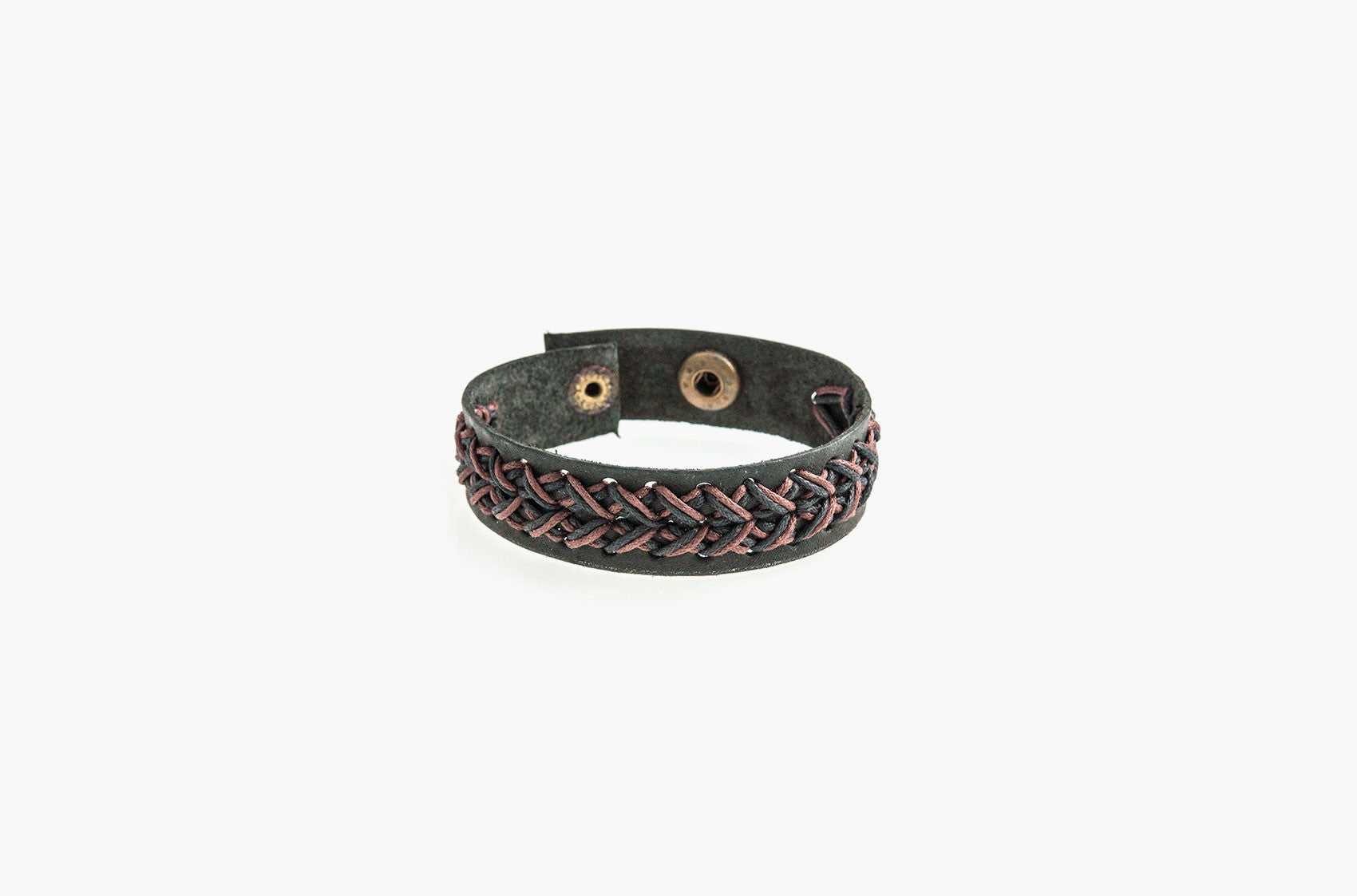 Black leather and brown cord stitched bracelet