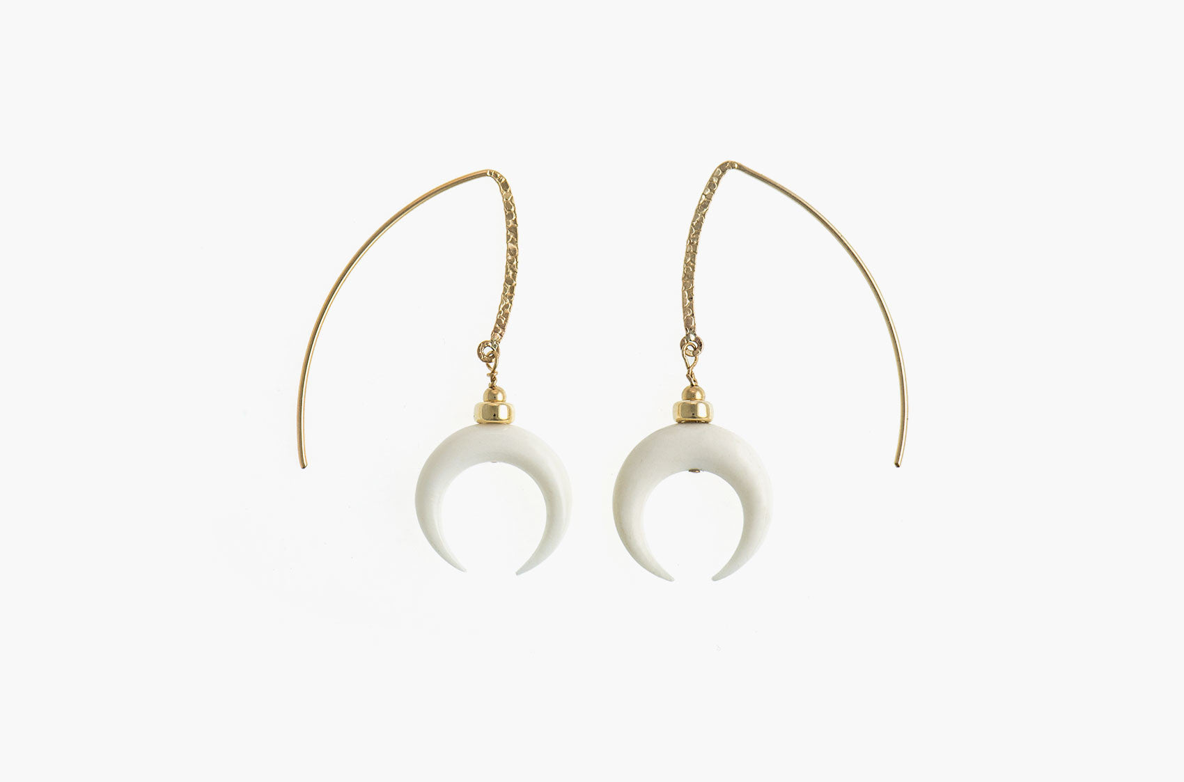 Little Big Horn. Crescent medium drop earrrings Ivory with 14kt gold hammered earwires
