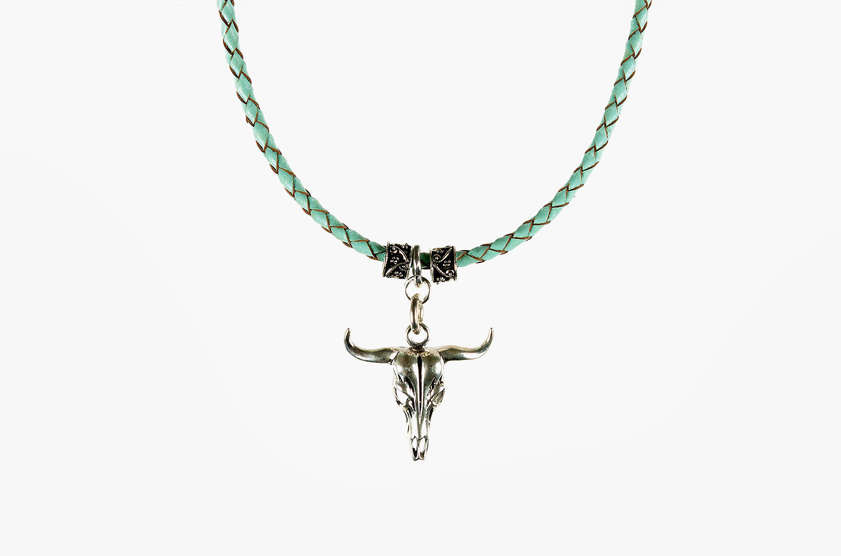 Long-horn & Leather. Sterling steer necklace in aqua
