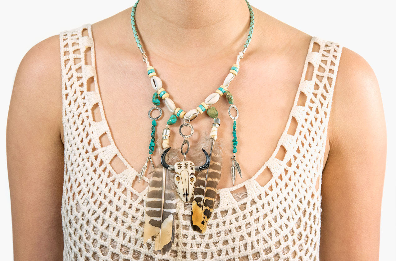 Model wearing Buffalo Girl Freedom Tribe necklace