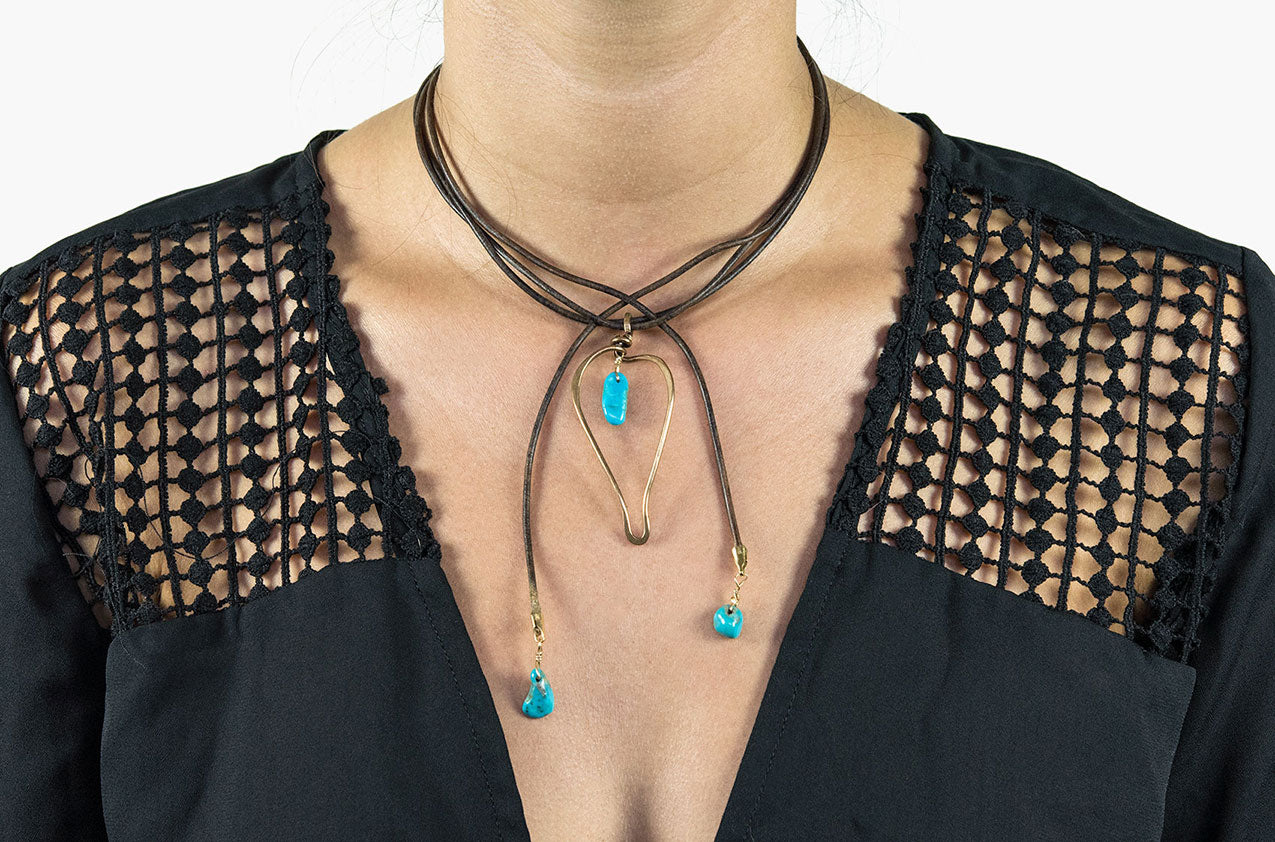 Model Wearing The Tear - Leather Wrap Metro Boho Necklace Gold
