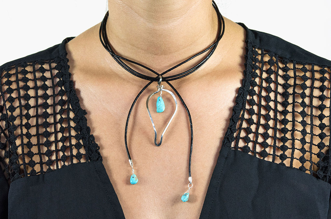 Model Wearing The Tear - Leather Wrap Metro Boho Necklace Silver