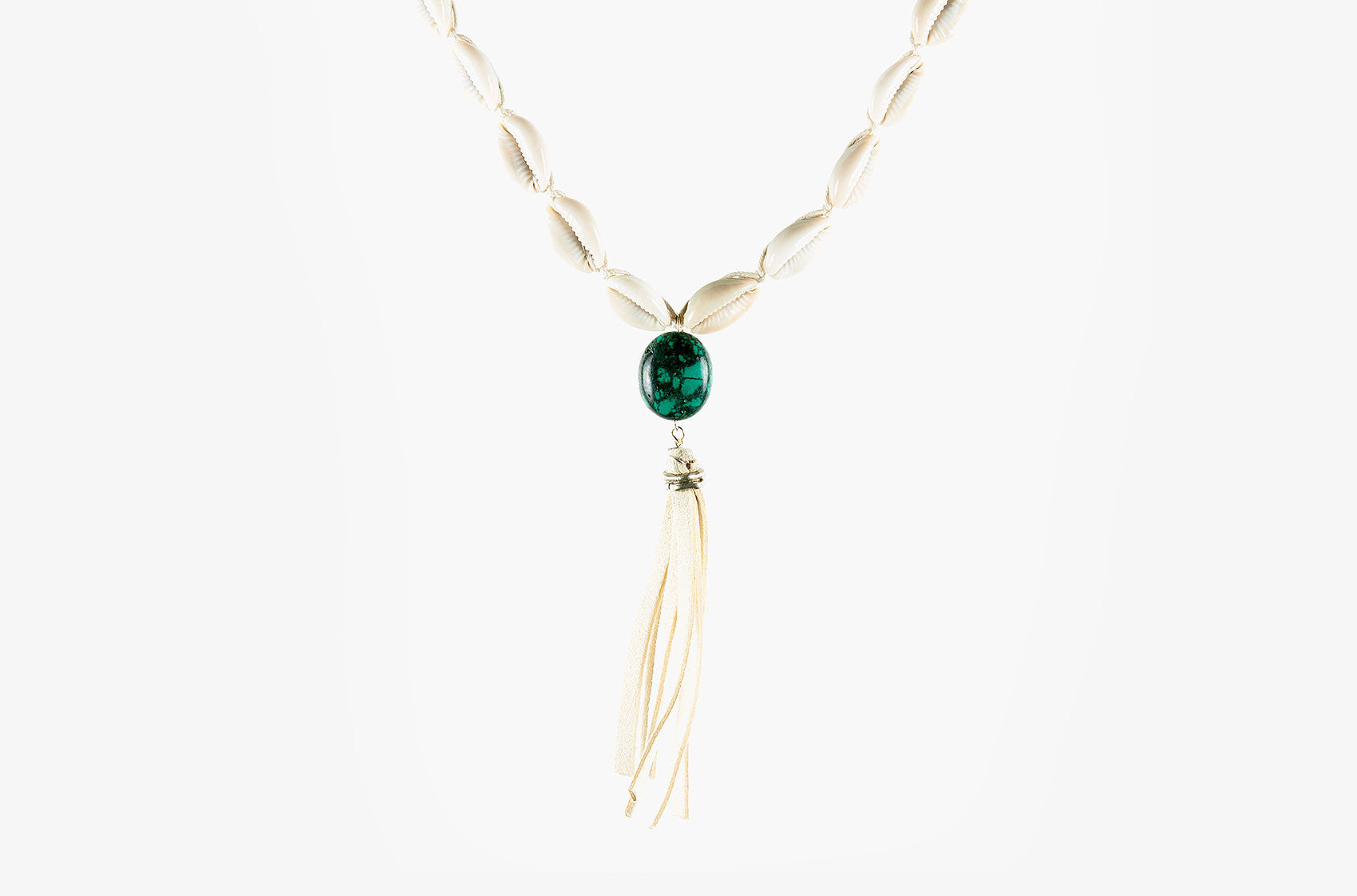 Turquoise & Tassel. Shell and leather necklace