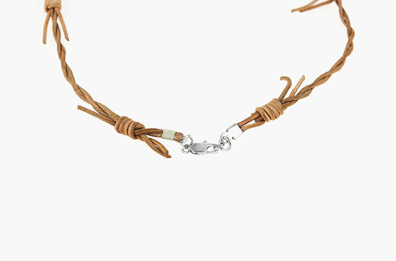 Barbed leather wrap necklace with jade arrow pendant back