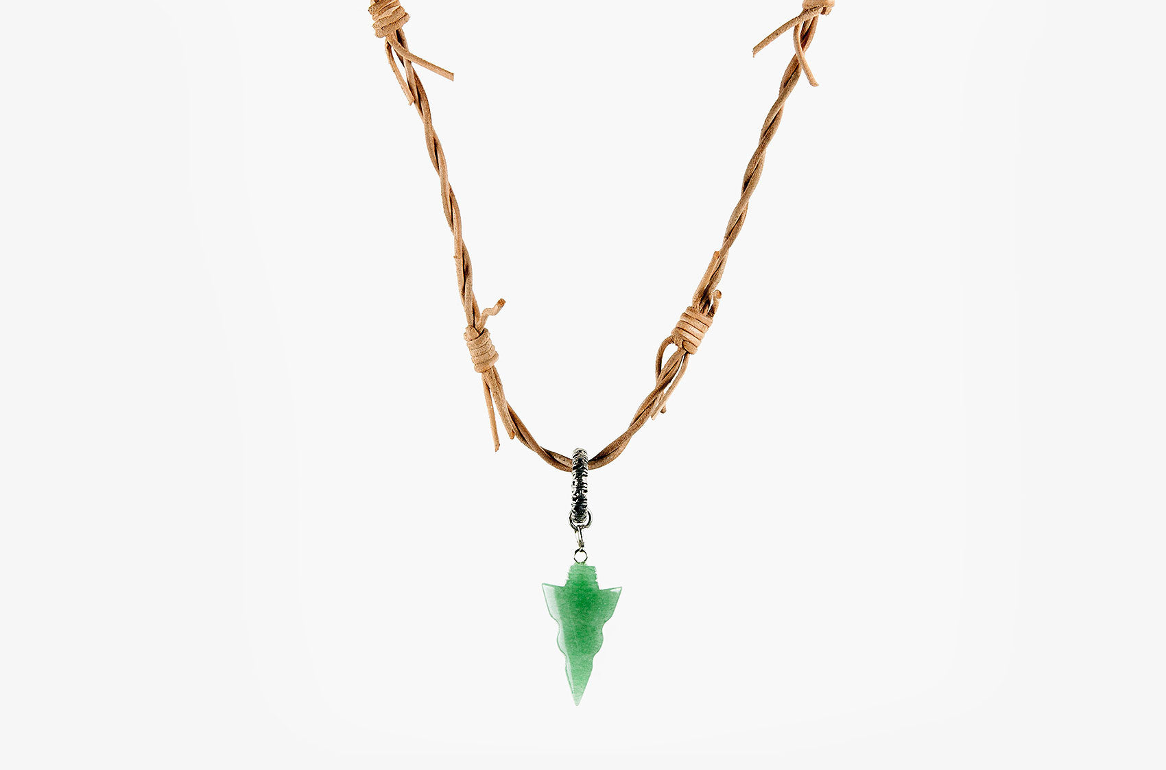 Barbed leather wrap necklace with jade arrow pendant