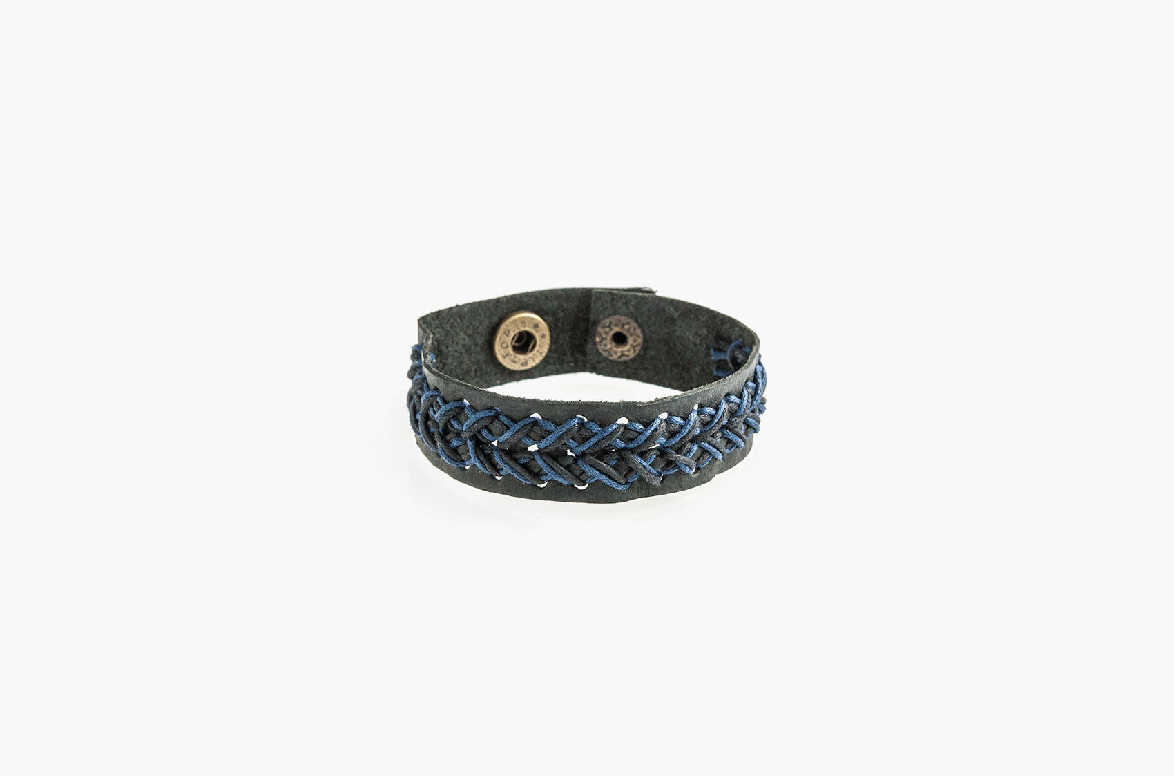 Black leather and blue cord stitched bracelet