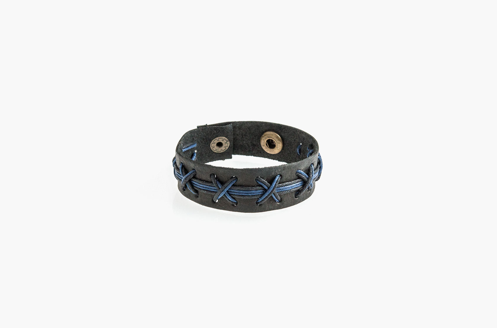Black leather blue cross stitched bracelet