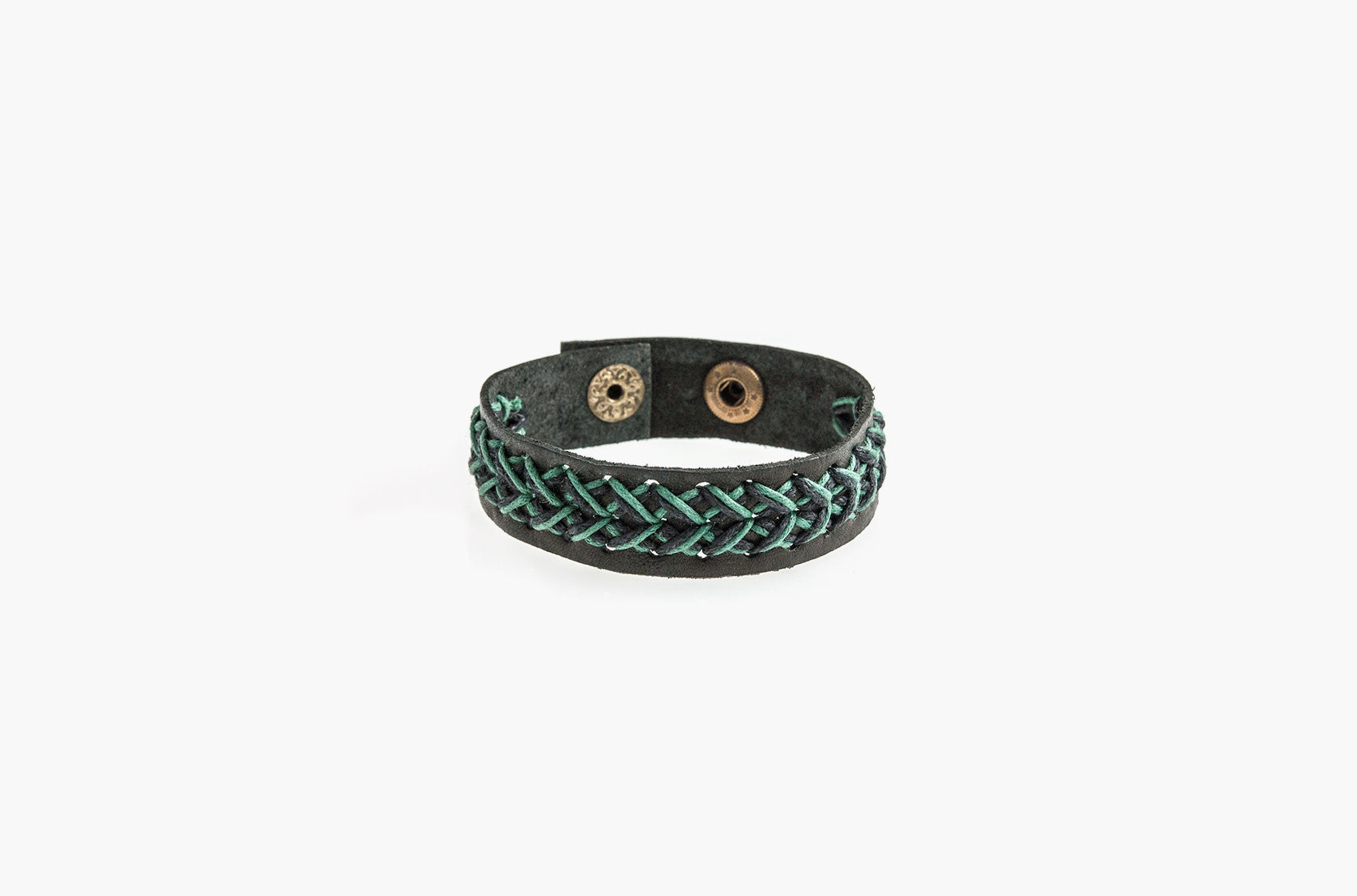Black leather and green cord stitched bracelet