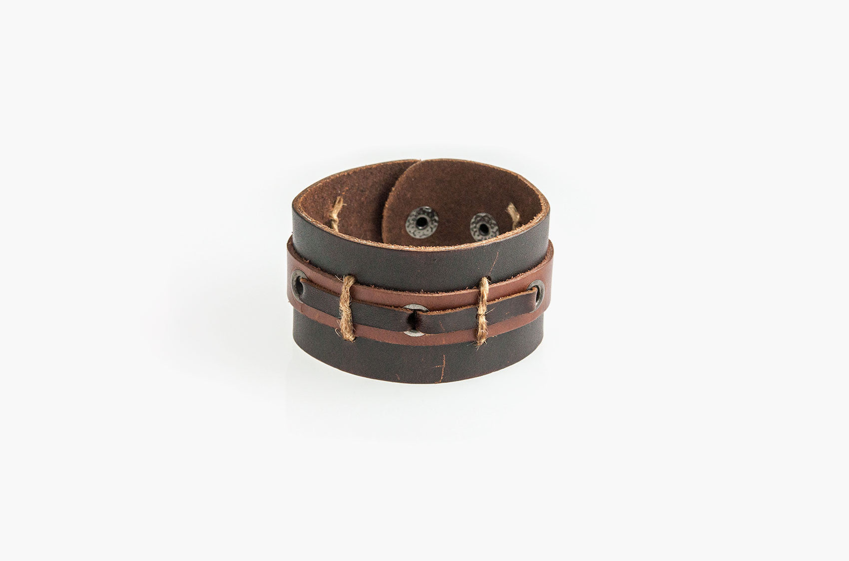 Leather and rope wide wristband bracelet