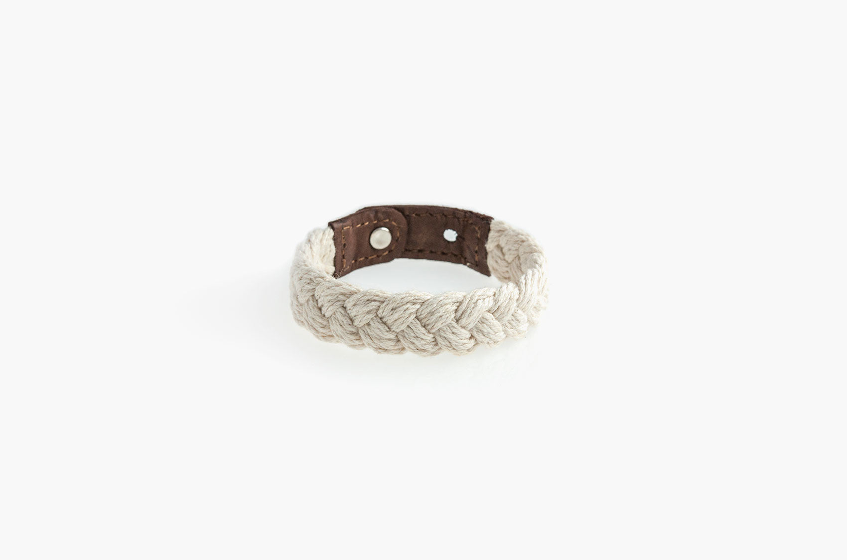 Leather and white woven cotton stud bracelet