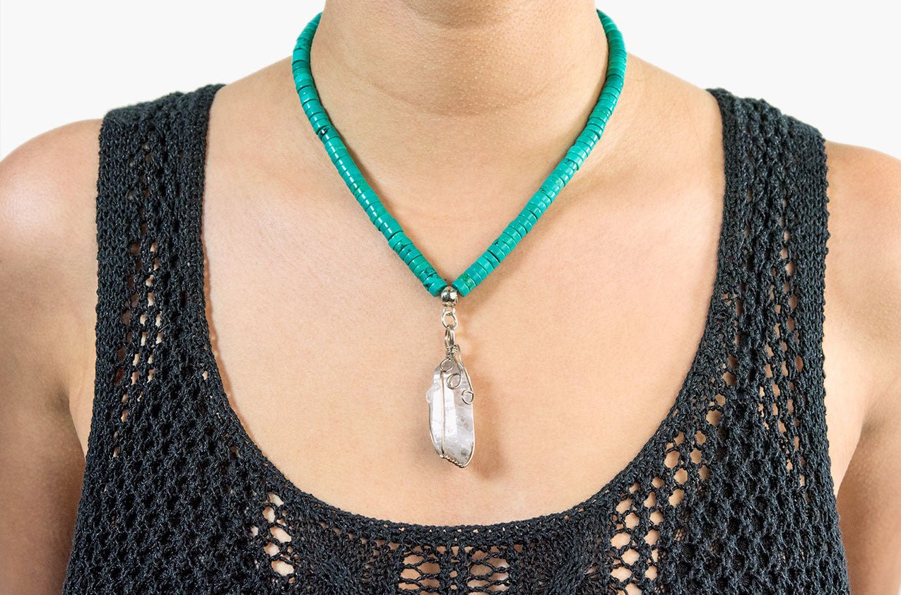 Model wearing Quartz crystal nugget and turquoise magnesite necklace