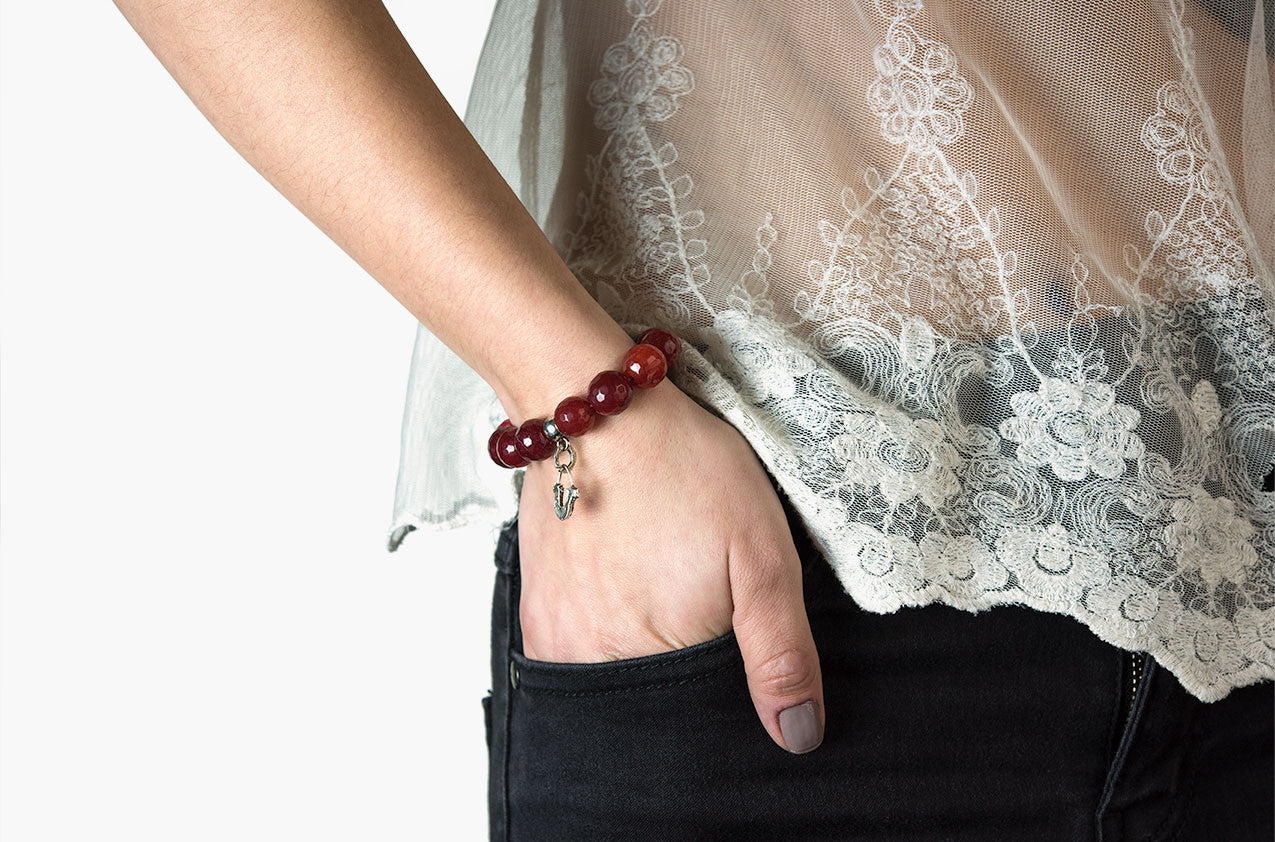 Model wearing Silver & Stone. Red Malay jade and silver bracelet small