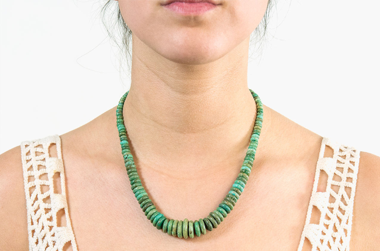 Model wearing Tribal turquoise disc necklace