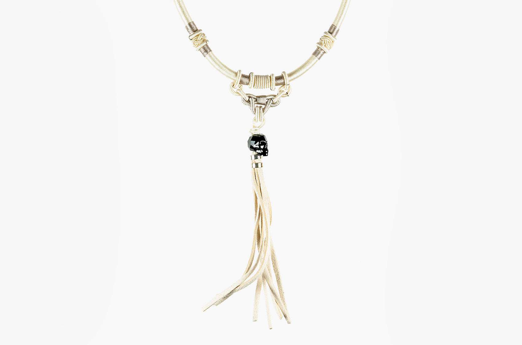 Tribal woven necklace with skull and tassel