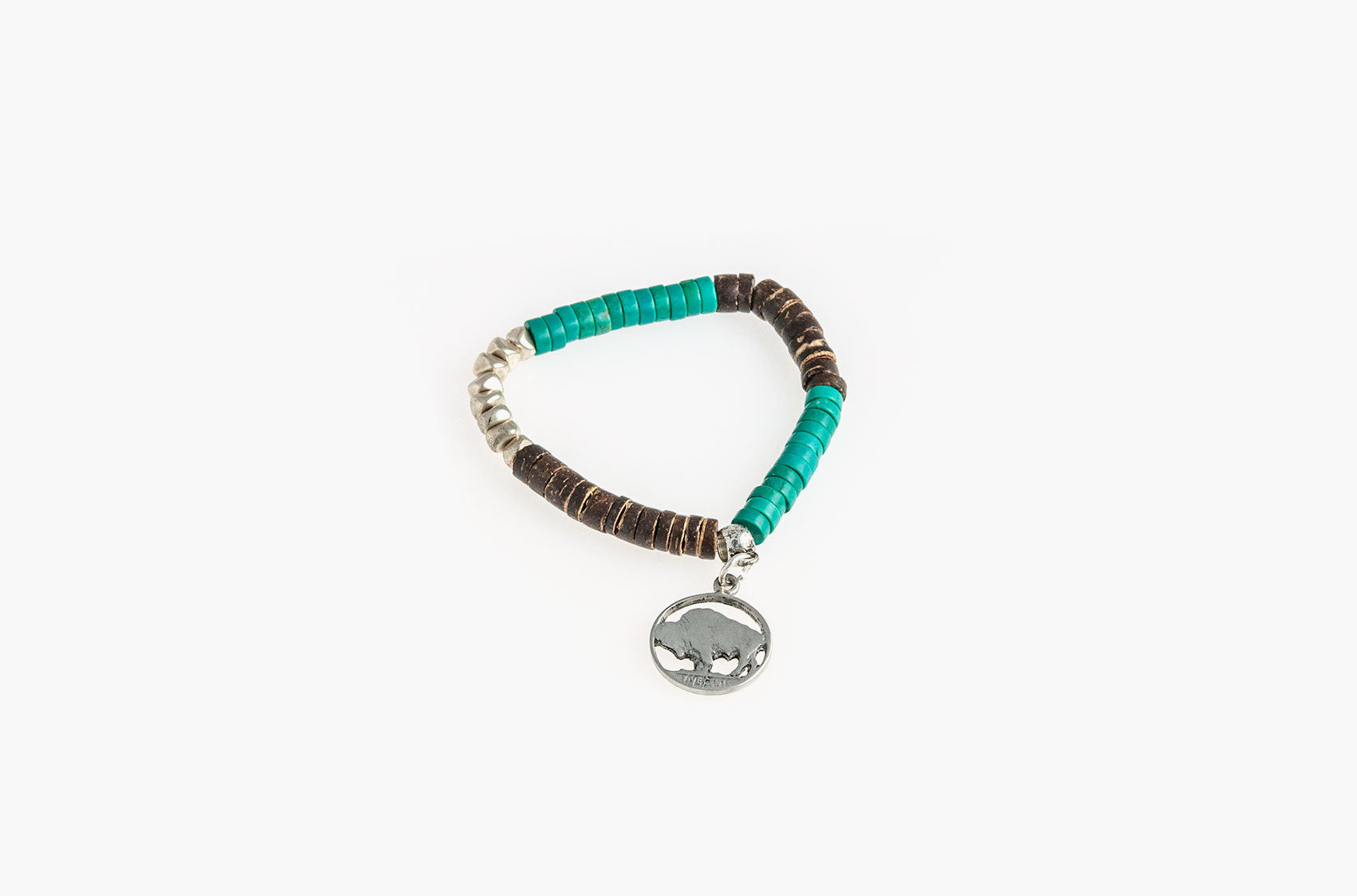 Wood, metal and turquoise coin-charm bracelet